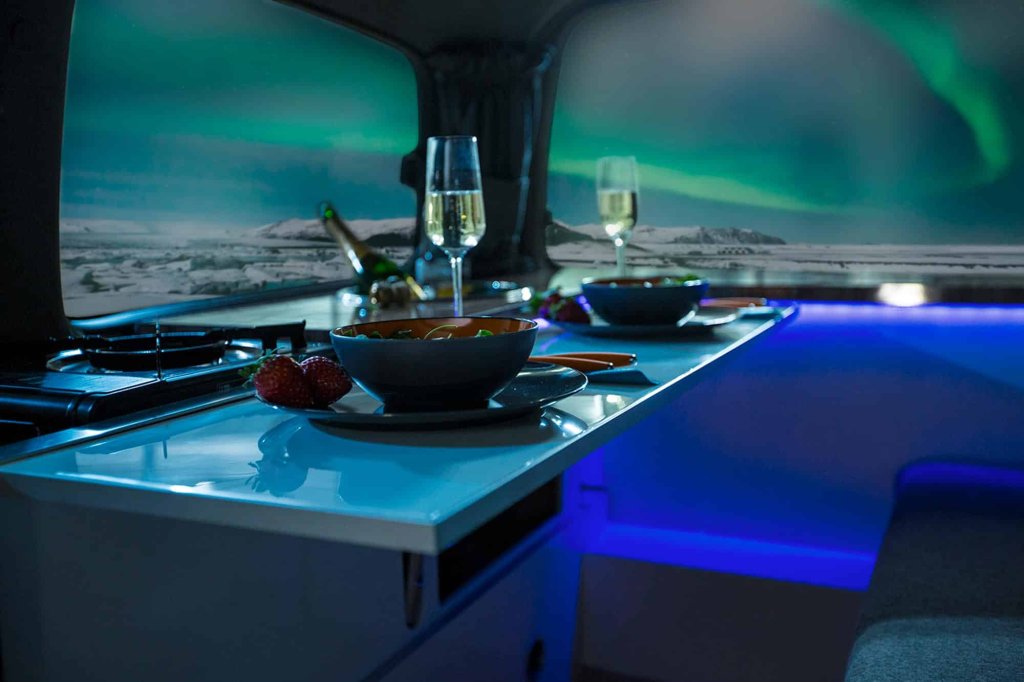 interior of northern lights camper in Iceland