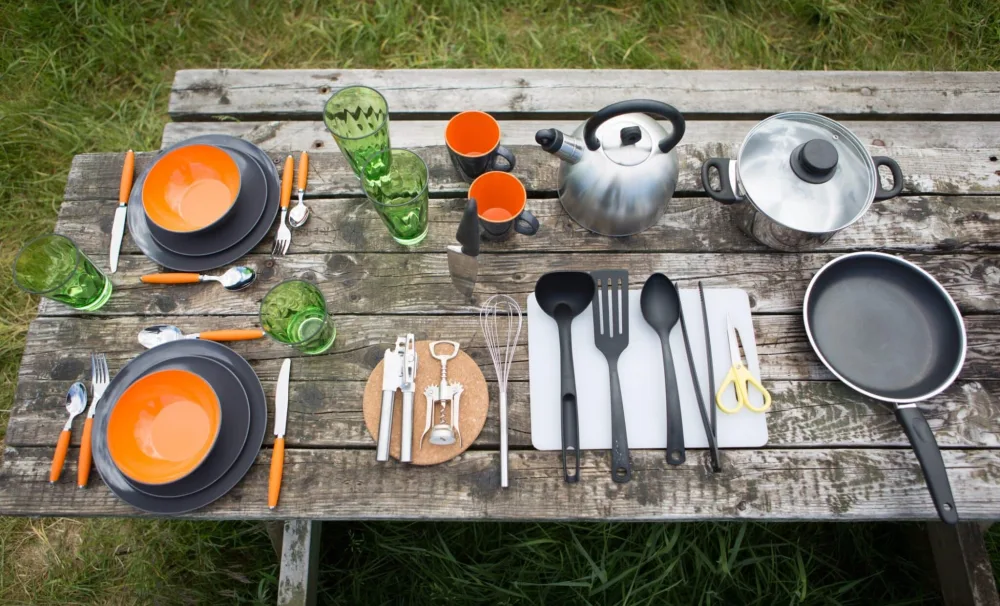 kitchen utensils and crockery for camping