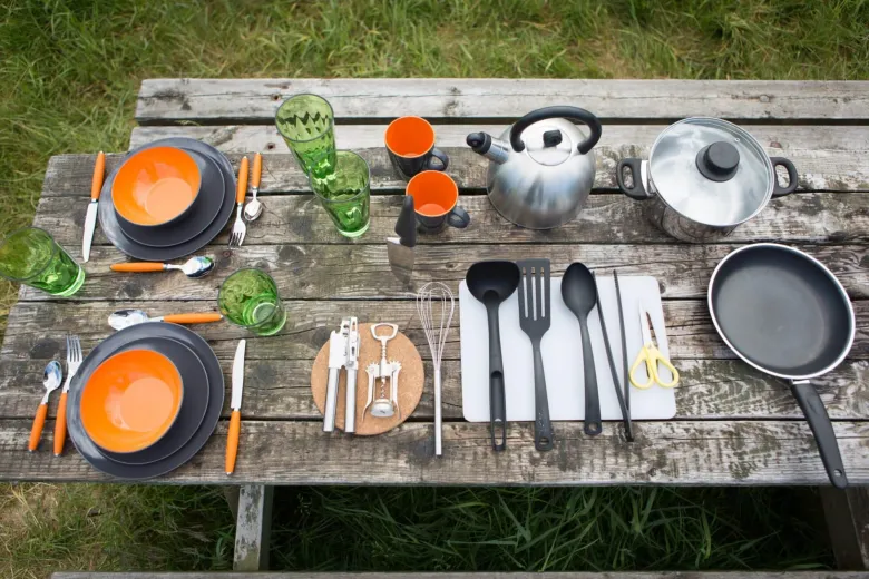 kitchen utensils and crockery for camping