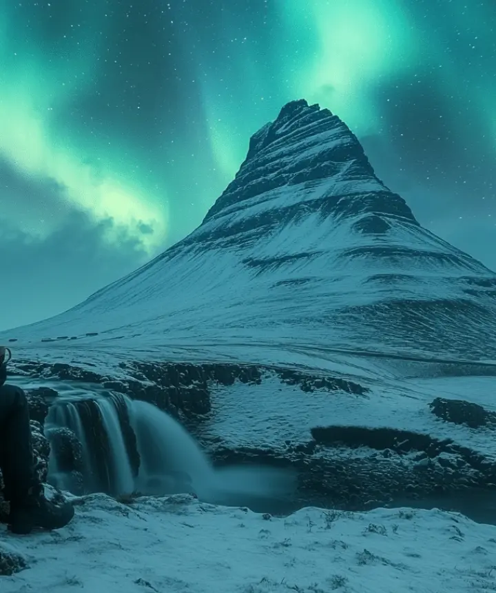 Kirkjufell under the northern lights, with a traveller and a hot drink by the waterfall