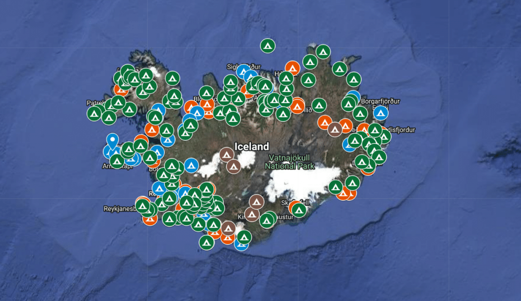 map of campsites in Iceland