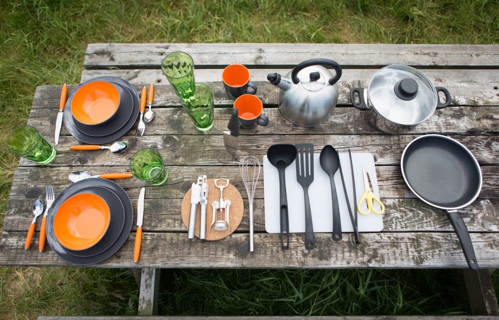 kitchen utensils and crockery for camping