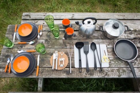 kitchen utensils and crockery for camping