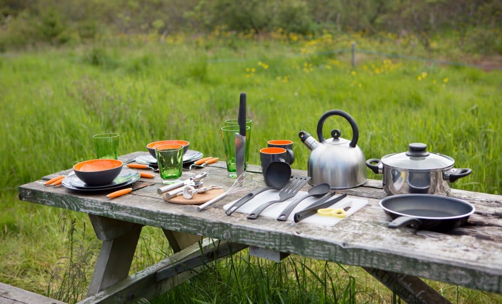 kitchen utensils and crockery for camping