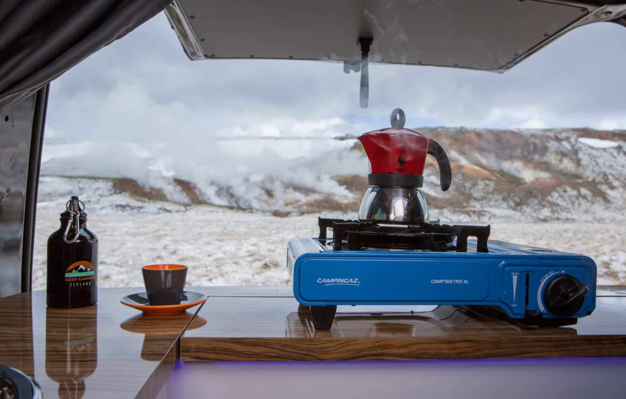 gas stove inside a camper