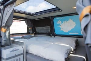 bed inside a camper