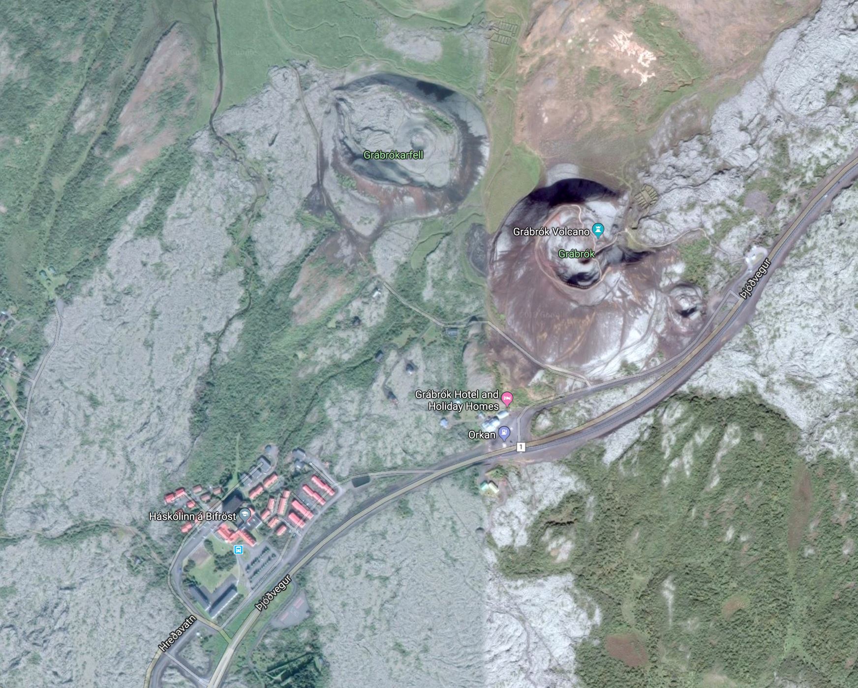 Google map view of Bifröst and Grábrók volcano