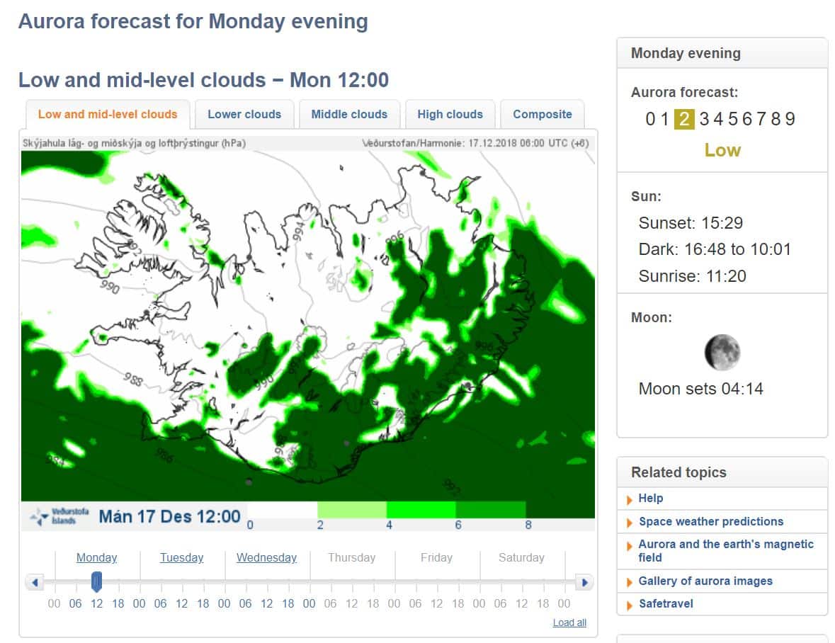 screen shot from the icelandic met office of an aurora forecast for des 17th 2018