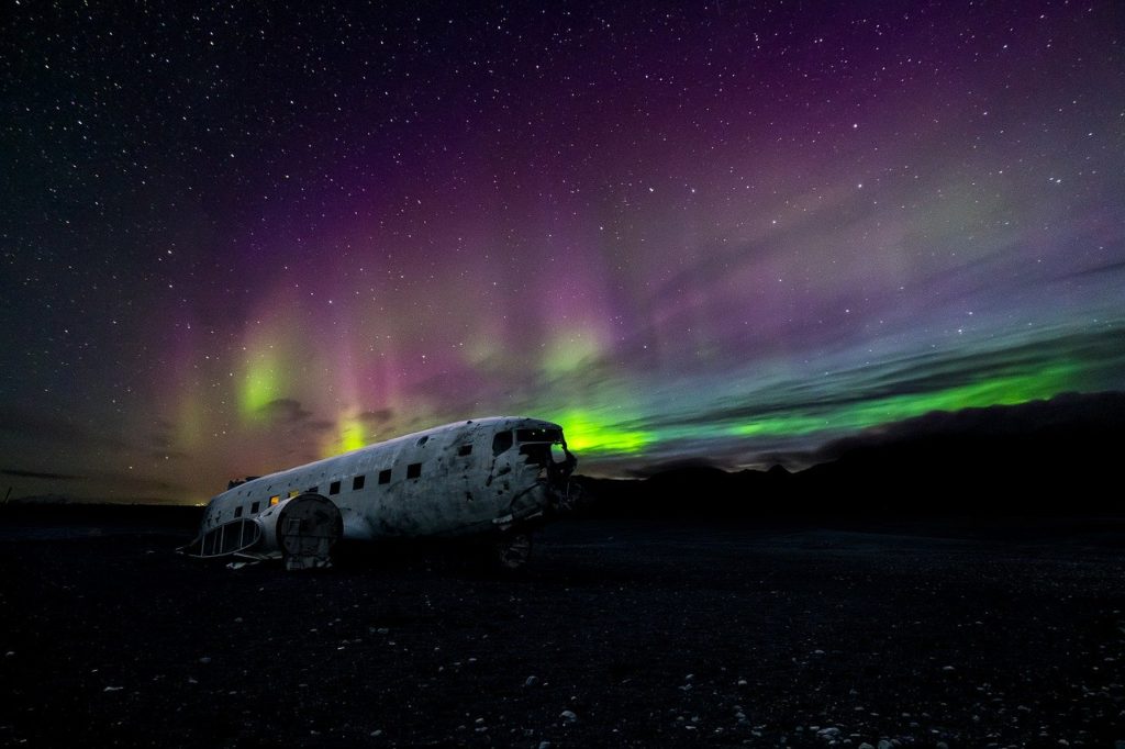 Iceland Northern Lights with aircraft wreck