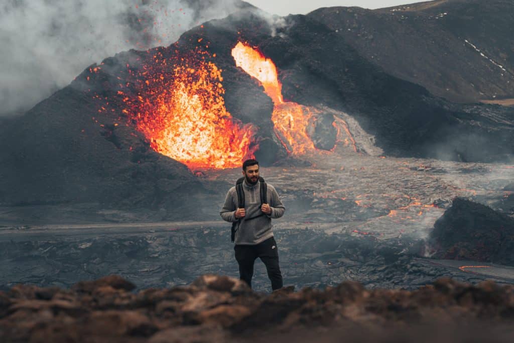 Man photographed near volcanic eruption in Iceland