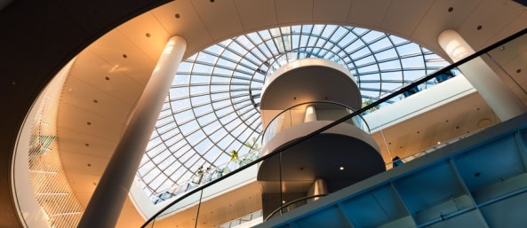 An upward view of the interior of the Perlan museum in Reykjavik.