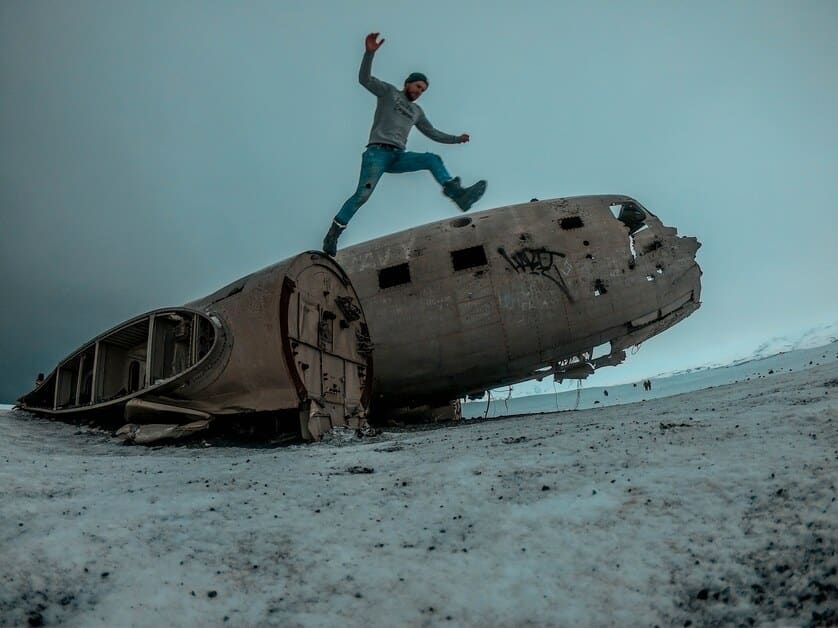 A Cozy Camper Adventurer exploring the Mysterious Wreck – DC-3 in Eyvindarholt - Iceland